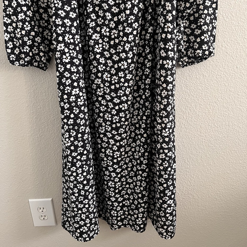 Women's 2XL midi Smocked Puff sleeve Black white floral dress cottage Milkmaid - Picture 3 of 6